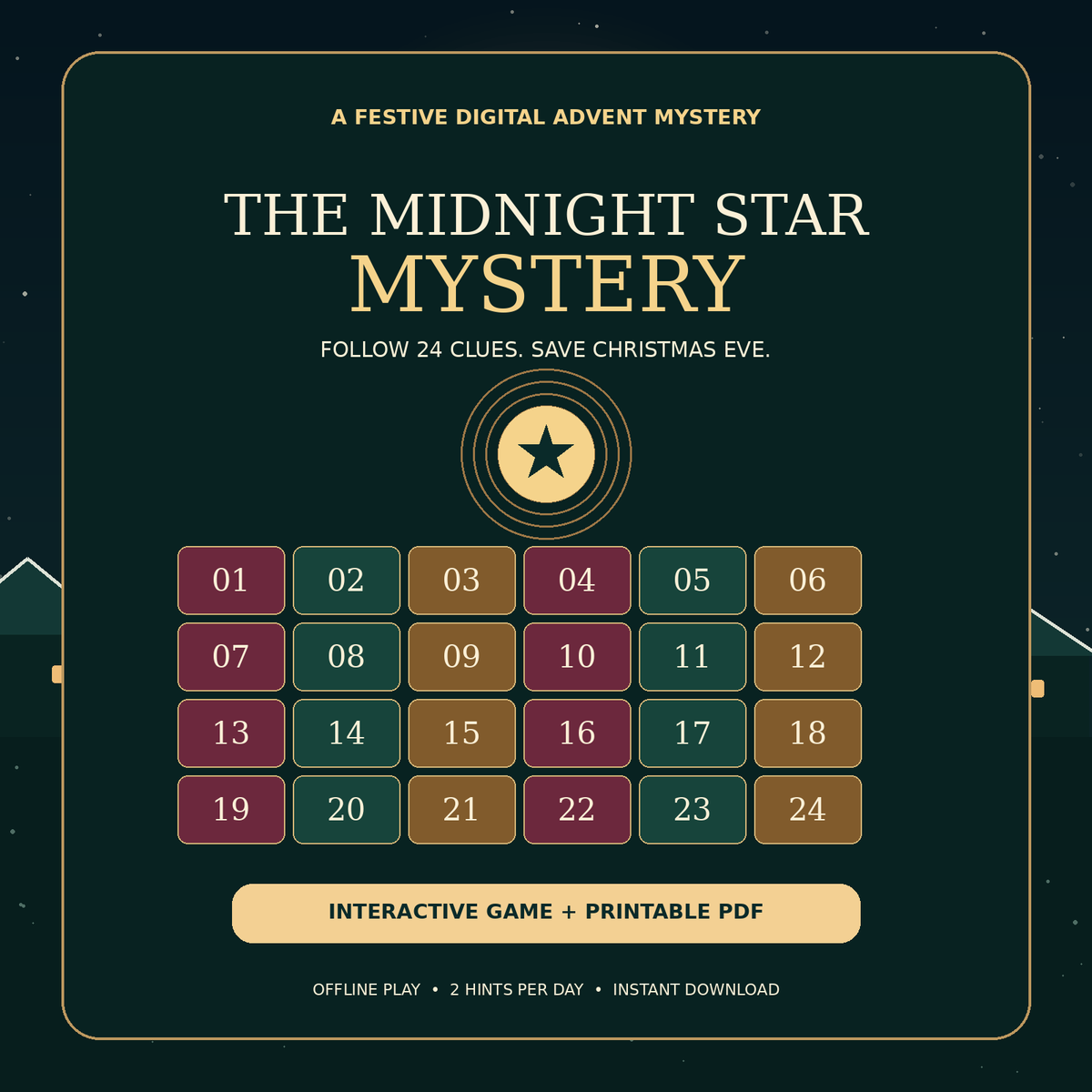 The Midnight Star Mystery digital advent Christmas game cover, 24 puzzles
